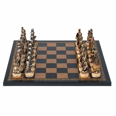 Juego de ajedrez completo de muertos vivientes frente a frente sobre tablero negro y bronce