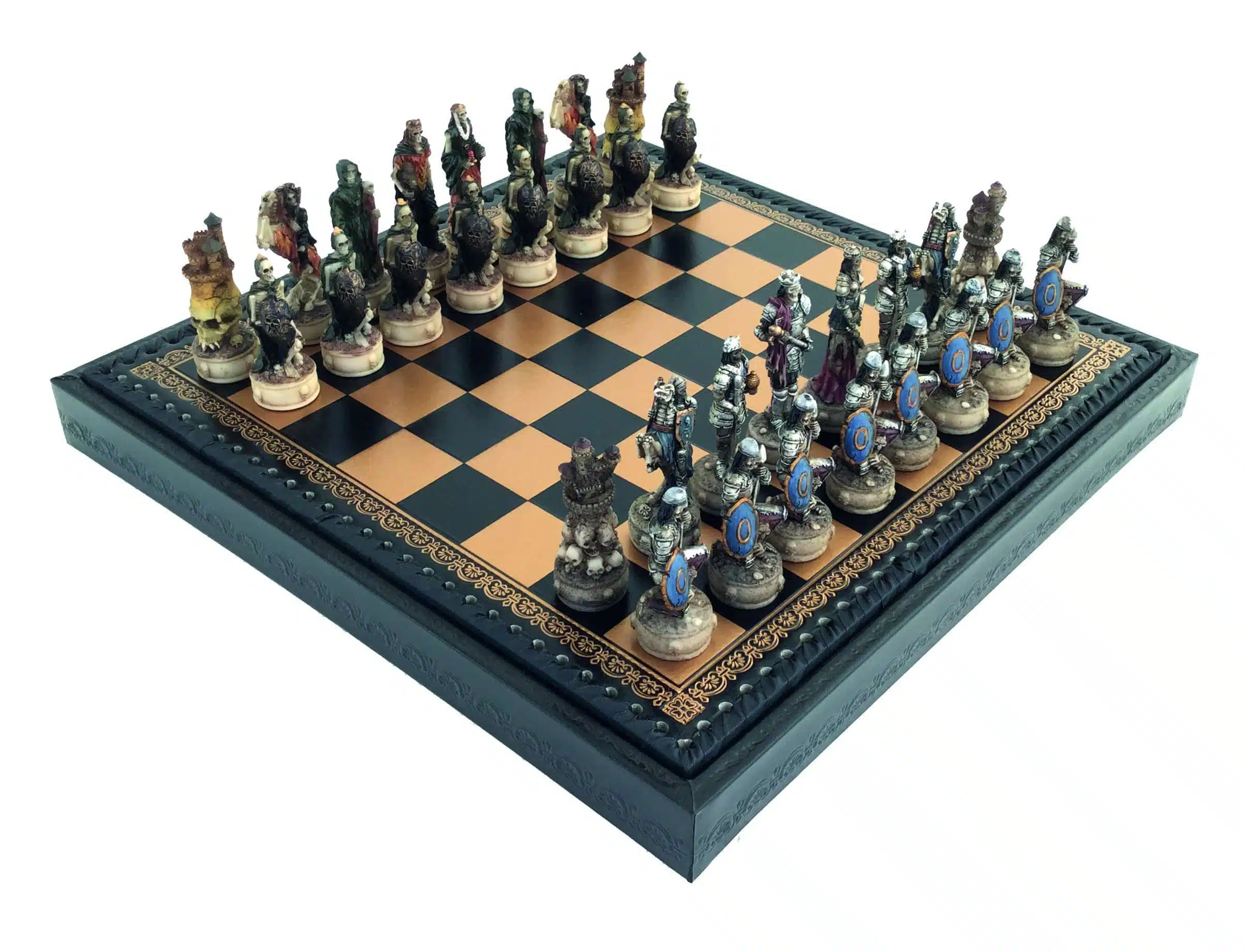 Conjunto Mort-Viviente II Tablero de Ajedrez en Similcuero Negro Con Almacenamiento y Juego de Ajedrez en Resina Pintada a Mano