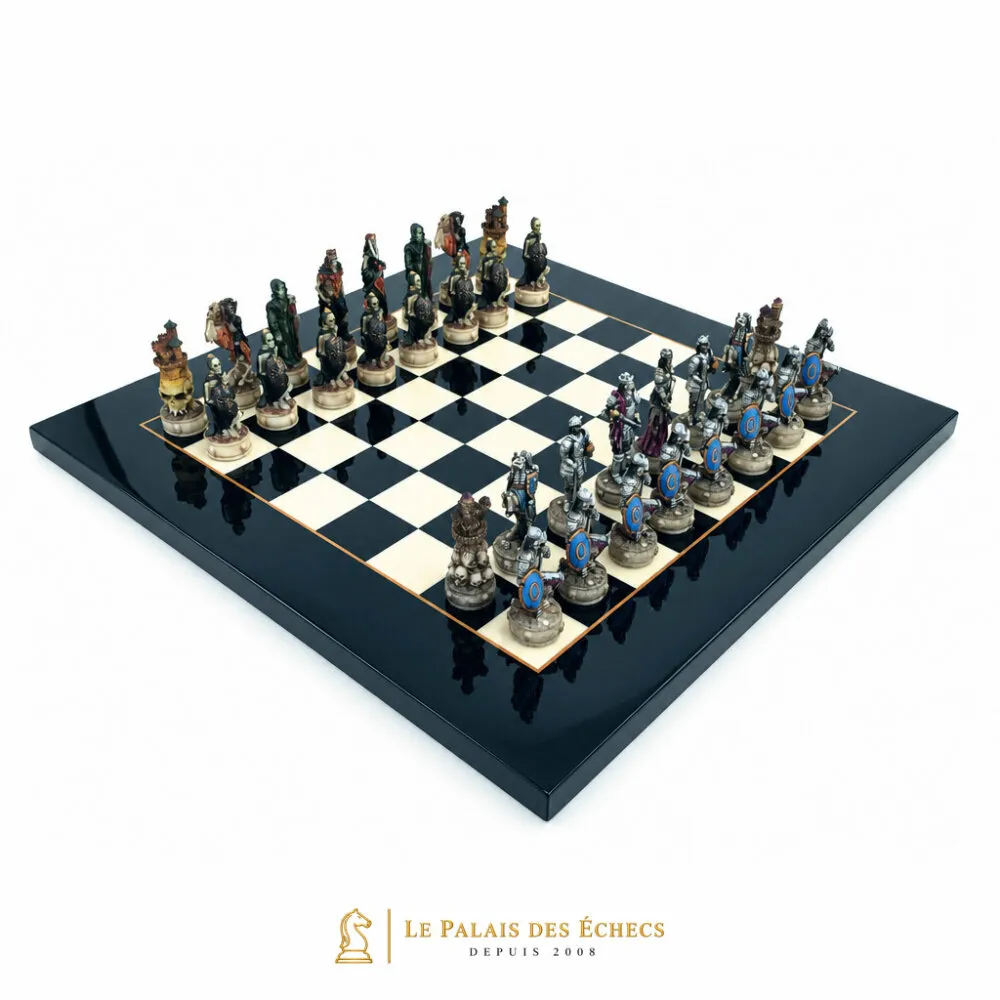 Juego de ajedrez completo Mort-Vivant IV dispuesto sobre tablero negro y blanco