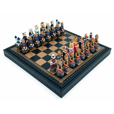 Juego de ajedrez completo de perros y gatos, tablero de cuero sintético y piezas de resina