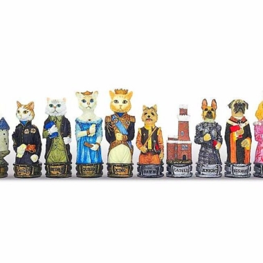 Ensemble "Chiens et Chats " Echiquier en Bois de Rose avec Tiroir de Rangement & Jeu d'Echecs en Résine Peint à la Main