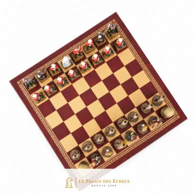 Tablero de símil cuero rojo y juego de ajedrez Guerra Anglo-Zulú, vista en diagonal