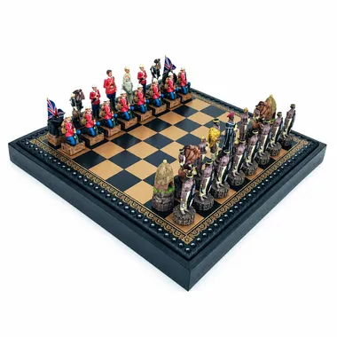 Juego de ajedrez completo Guerra Anglo-Zulú II sobre tablero de símil cuero con caja de almacenamiento