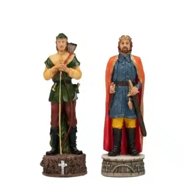Piezas rey del juego Robin des Bois: arquero de pie y rey coronado con capa roja, resina pintada