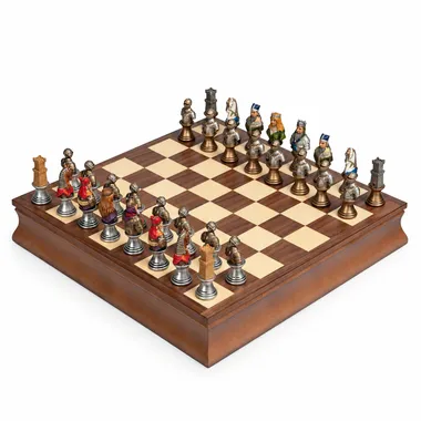 Juego de ajedrez completo Busto Medieval III con tablero de arce y nogal sobre caja