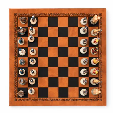 Tablero de ajedrez Guerra de Troya visto desde arriba con todas las piezas pintadas