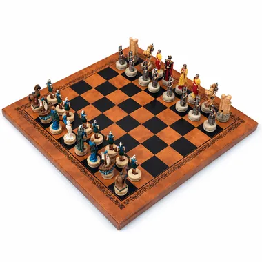 Juego de ajedrez completo Guerra de Troya, tablero de símil cuero y piezas de resina pintada