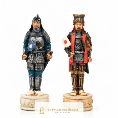 Reyes samuráis con armadura, detalle de dos piezas en tonos grises y rojos