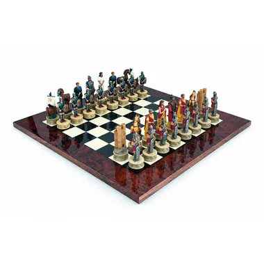 Set de ajedrez Guerra de Troya completo sobre tablero de raíz de nogal brillante