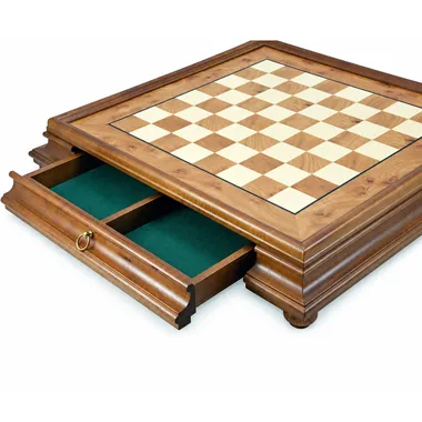 Tablero de ajedrez con pie de madera de brezo y olmo, cajón abierto forrado de fieltro verde