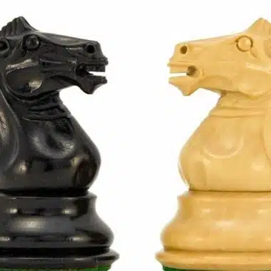 Caballos « Souverain II » en madera de ébano y boj, detalle de las cabezas talladas