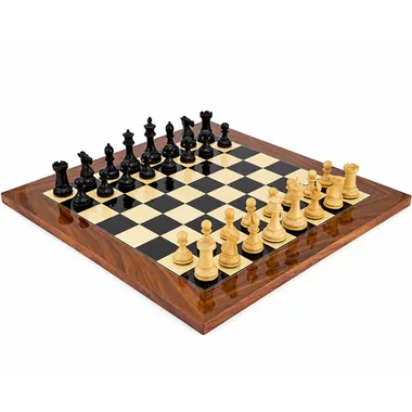Juego de ajedrez completo con tablero en raíz de palisandro y piezas en madera de ébano