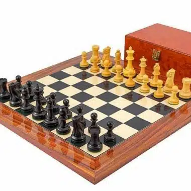 Conjunto Supreme II Tablero de Ajedrez de Madera de Arce y Palo de Rosa Dorado, Juego de Ajedrez de Madera de Ébano y Boj & Caja de Almacenamiento de Chapado de Raíces