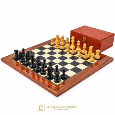 Juego de ajedrez Supreme II: tablero de arce y rosa dorado, piezas de ébano y boj, caja de madera de raíz