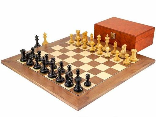 Juego de ajedrez de arce y nogal "Highgrove", juego de ajedrez de boj ebonizado y caja de almacenamiento de madera de raíz