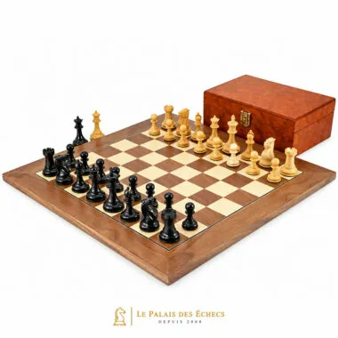 Juego de ajedrez de arce y nogal "Highgrove", juego de ajedrez de boj ebonizado y caja de almacenamiento de madera de raíz