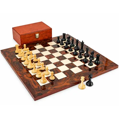 Set completo con tablero de raíz de arce, piezas de ébano y caja