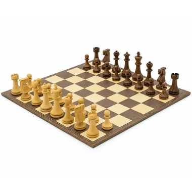 Juego de ajedrez completo con piezas de palisandro dorado sobre tablero plegable de nogal y arce