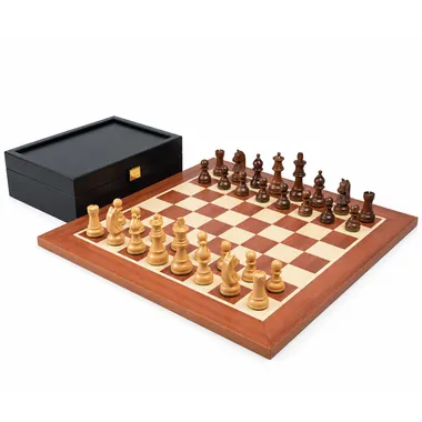 Juego de ajedrez Novice completo con tablero de caoba, piezas de acacia y caja de wenge