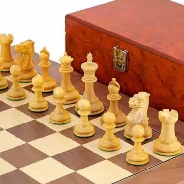 Juego de ajedrez de arce y nogal "Highgrove", juego de ajedrez de boj ebonizado y caja de almacenamiento de madera de raíz