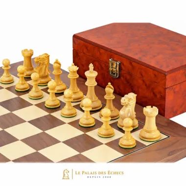 Juego de ajedrez de arce y nogal "Highgrove", juego de ajedrez de boj ebonizado y caja de almacenamiento de madera de raíz