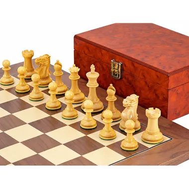 Juego de ajedrez de arce y nogal "Highgrove", juego de ajedrez de boj ebonizado y caja de almacenamiento de madera de raíz