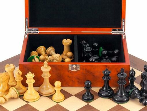 Juego de ajedrez de arce y nogal "Highgrove", juego de ajedrez de boj ebonizado y caja de almacenamiento de madera de raíz