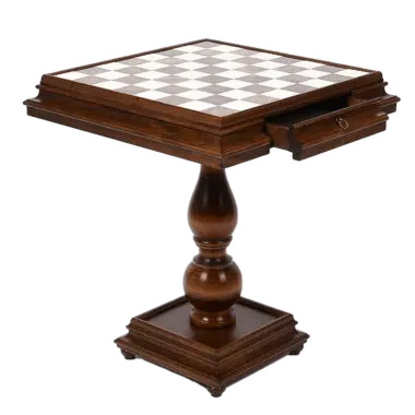 Mesa de lujo tablero de ajedrez y cajón de almacenamiento en madera de haya y tablero de juego en mármol de Carrara y alabastro de Toscana