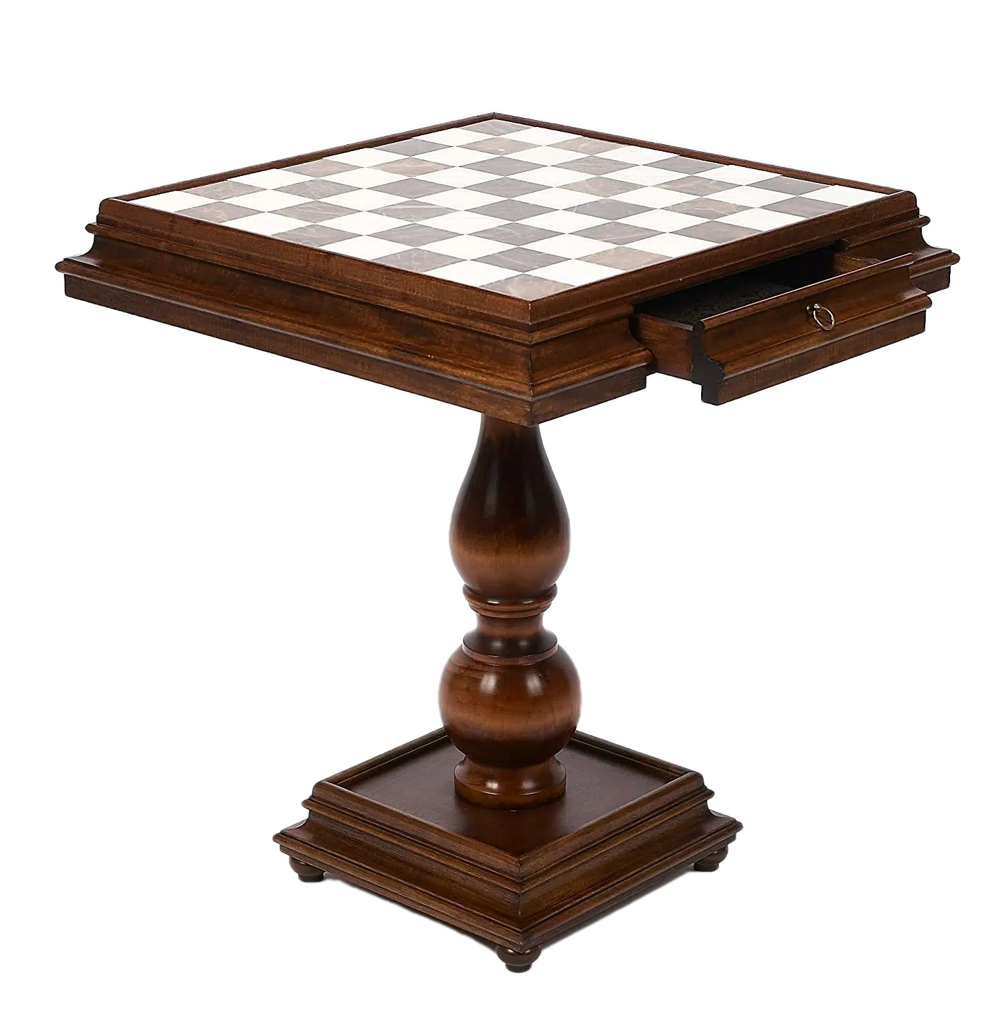 Mesa de lujo tablero de ajedrez y cajón de almacenamiento en madera de haya y tablero de juego en mármol de Carrara y alabastro de Toscana