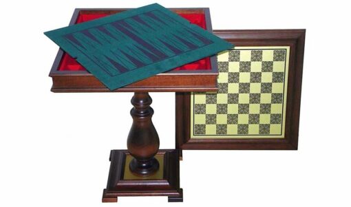 Mesa de ajedrez y respaldo de madera con compartimento de almacenamiento integrado