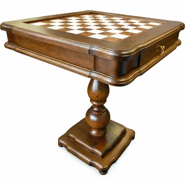 Mesa de ajedrez clásica sobre pie central torneado de madera, vista de conjunto