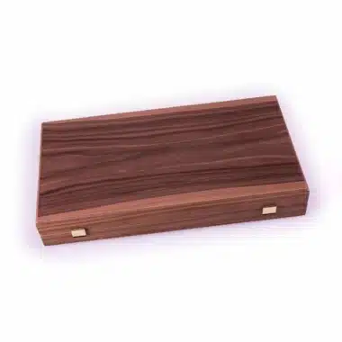 Backgammon de madera de nogal cerrado, caja vista de perfil con cierres dorados