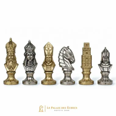 Piezas de ajedrez Moncada: rey, alfil, caballo y torre en metal plateado y dorado