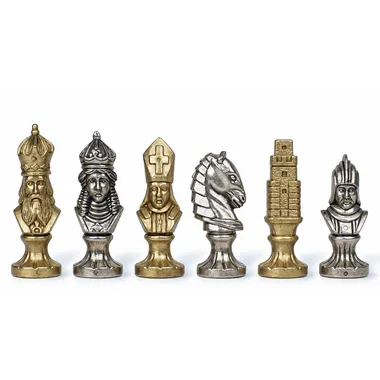 Piezas de ajedrez Moncada: rey, alfil, caballo y torre en metal plateado y dorado