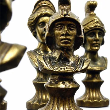 Piezas de ajedrez de metal dorado, bustos romanos detallados, primer plano