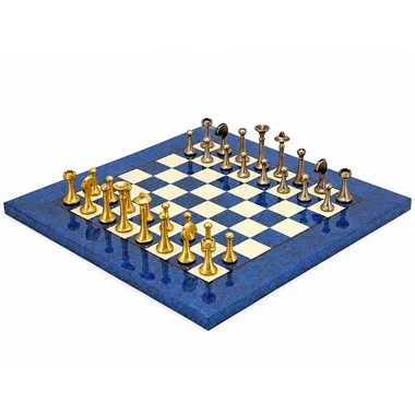 Juego de ajedrez completo con tablero azul de arce y piezas de latón macizo
