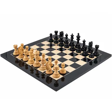 Tablero de ajedrez de madera de arce lacado "Constantine" y juego de ajedrez de madera maciza de ébano