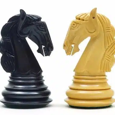 Caballos negro y natural del juego de ajedrez Gambit en madera de boj, vista cercana