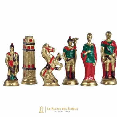 Piezas de ajedrez de metal pintado, bando romano dorado, torre, caballo, soldados