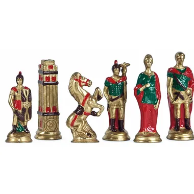 Piezas de ajedrez de metal pintado, bando romano dorado, torre, caballo, soldados