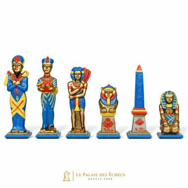 Piezas de ajedrez Egipto en metal pintado, equipo azul y oro con esfinge y obelisco