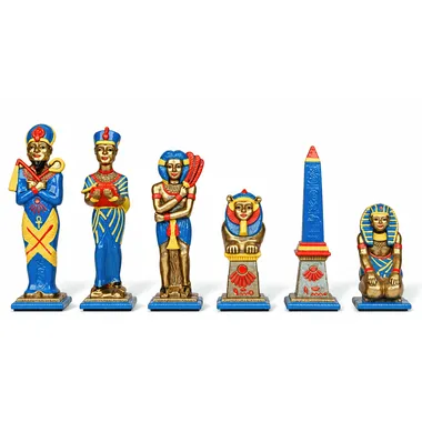 Piezas de ajedrez Egipto en metal pintado, equipo azul y oro con esfinge y obelisco