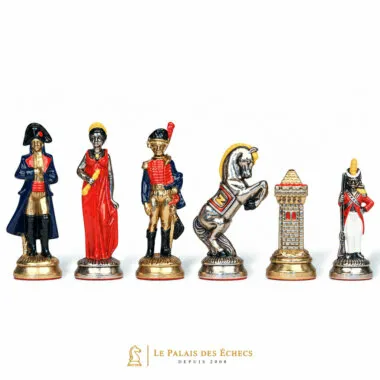 Piezas de ajedrez Napoleón Waterloo en metal pintado, dama, soldado, caballo y torre