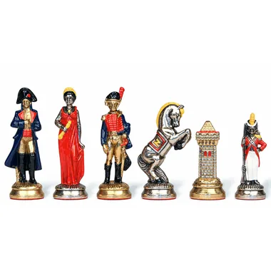Piezas de ajedrez Napoleón Waterloo en metal pintado, dama, soldado, caballo y torre