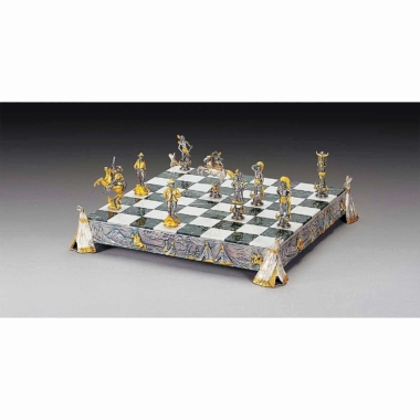 Ensemble "Indiens vs Cow Boy" Echiquier et Jeu d'Echecs en Bronze, Onyx et Or 24 Carats