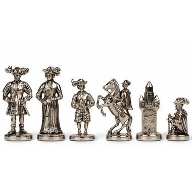 Piezas de metal plateado Lanzichenecchi, dama, alfil, caballo y torre