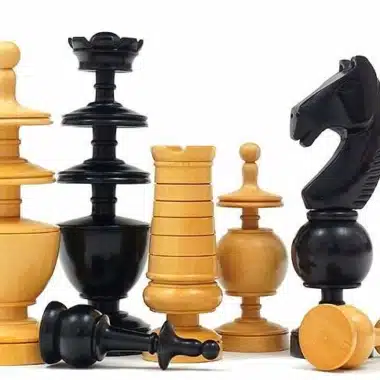 Piezas de ajedrez Régence, caballo negro, torre, dama y peones volcados en boj