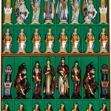 Jeu d'Echecs "Renaissance Peint à l'Huile et Dorures à la Feuille d'Or" en Bois des Alpes Massif Sculpté Traditionnellement