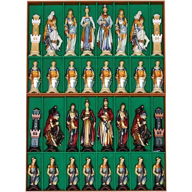 Juego de Ajedrez "Renacimiento Pintado al Óleo y Dorados en Hoja de Oro" en Madera de los Alpes Maciza Esculpida Tradicionalmente - Contáctenos para Verificar Disponibilidad