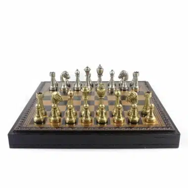 Juego de ajedrez Staunton Mix II de cuero artificial con compartimento de almacenamiento integrado y juego de ajedrez de metal sólido